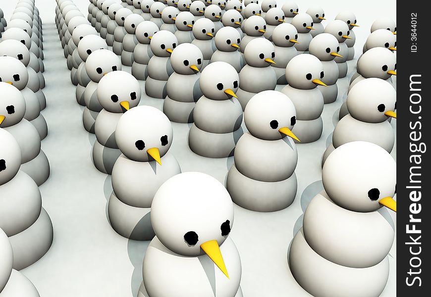 A computer created Christmas scene of a army of cloned snowman. A computer created Christmas scene of a army of cloned snowman.
