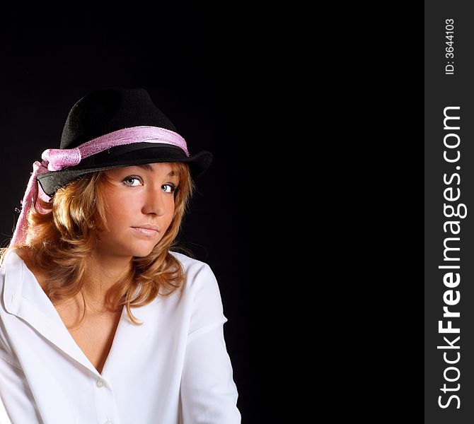 Beautiful young girl portrait in hat. Beautiful young girl portrait in hat