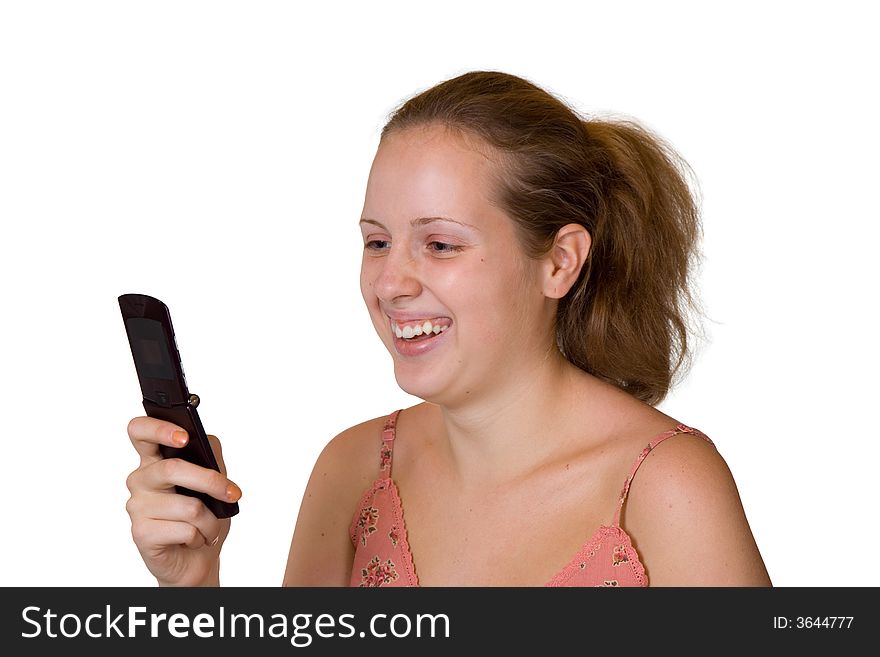 Girl and mobile phone, isolated on white background