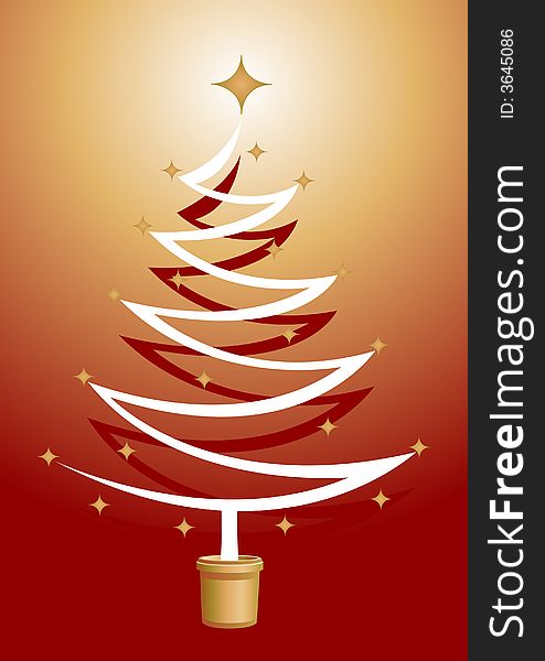 White and Red Christmas Tree Illustration with gold stars and a gold and red background