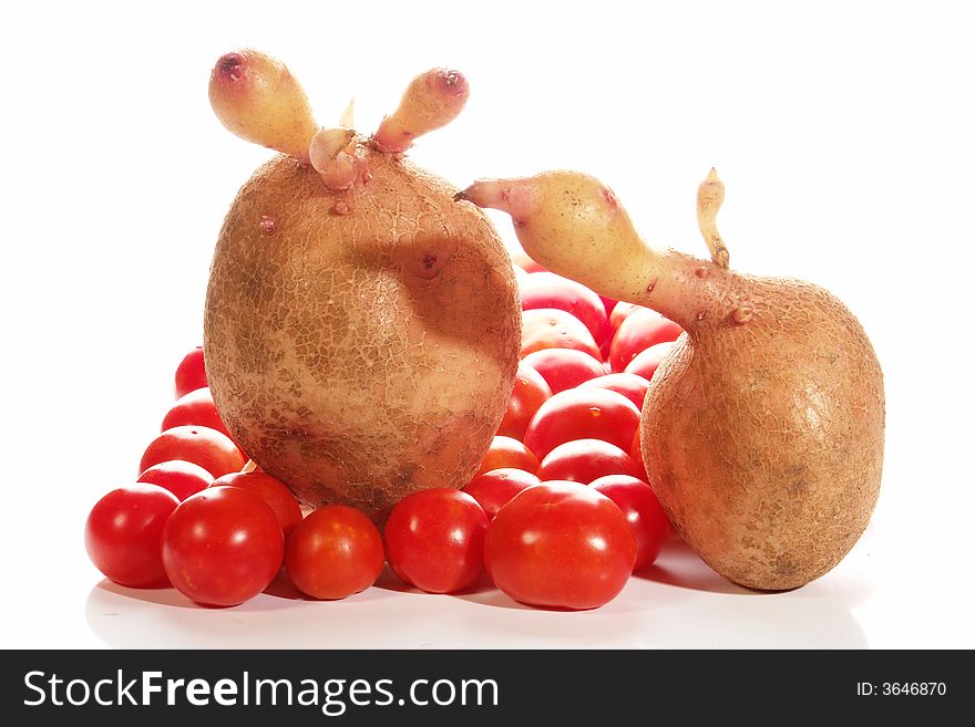 Potato, tomato on a white background