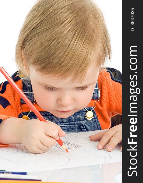 Close-up pretty baby draw color pencil over white background