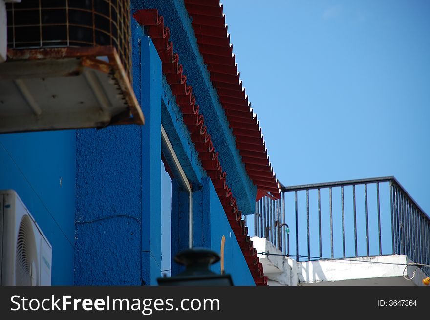 Blue facade on house in SKiathos, Greece