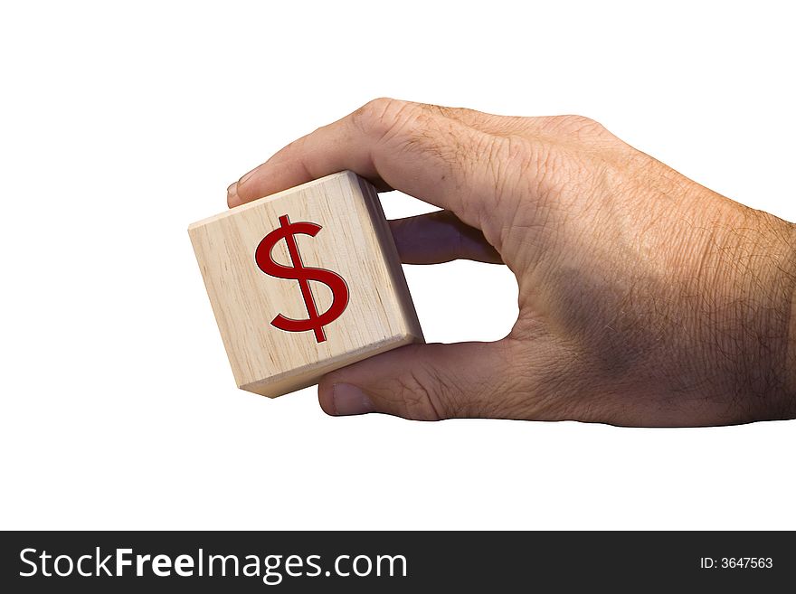 Single hand holding wooden block with dollar sign