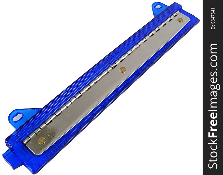 A blue plastic hole puncher for paper against a white background. A blue plastic hole puncher for paper against a white background.