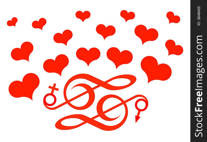 Red treble clefs and hearts on a white background. Red treble clefs and hearts on a white background