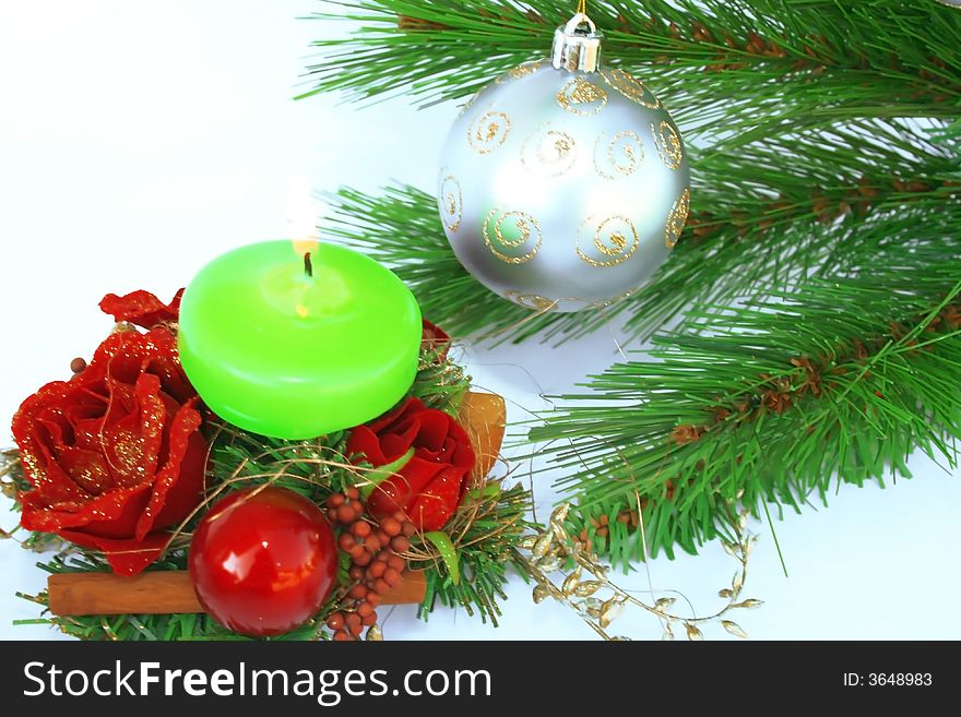 Christmas ornaments.Gray ball,fir-tree,candle,holly-berry,rose.