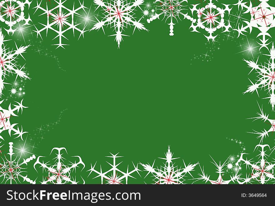 Holiday snowflakes bordering a green background. Holiday snowflakes bordering a green background.