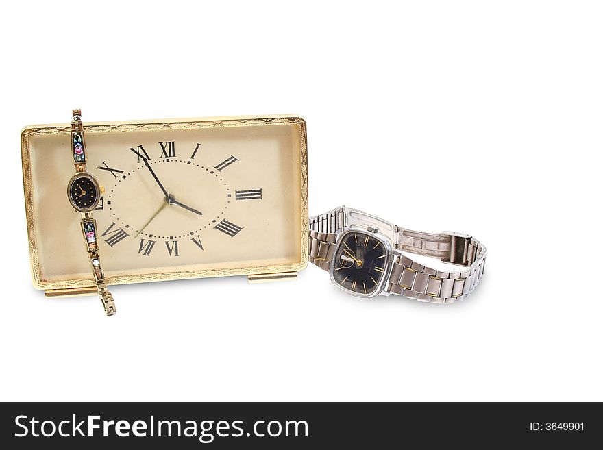 Old isolated watch and clock. Old isolated watch and clock