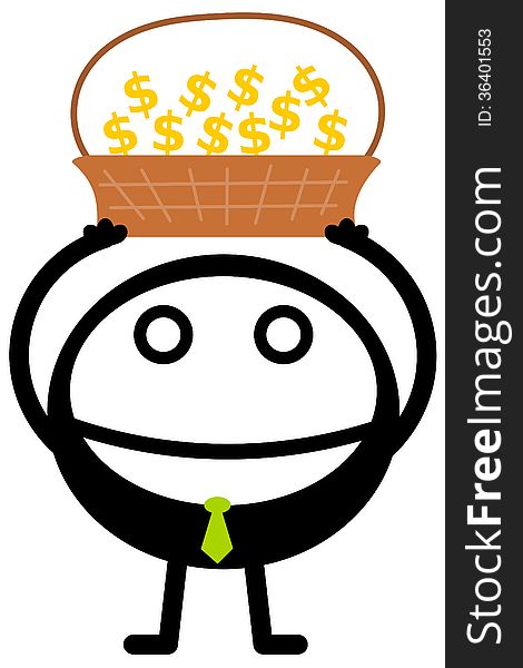 A cartoon business man carrying a basket filled with dollar signs. A cartoon business man carrying a basket filled with dollar signs