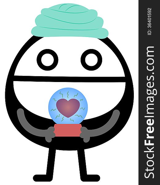 A cartoon fortune teller with a heart inside his magic ball. A cartoon fortune teller with a heart inside his magic ball