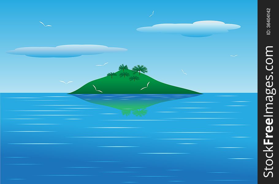 Sea. Tropical landscape with views of the island with palm trees and birds.