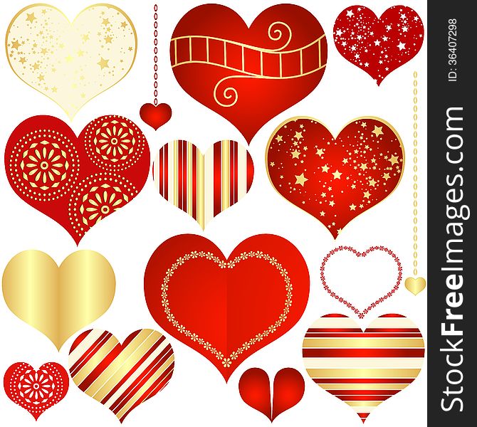 Collection red and gold isolated hearts