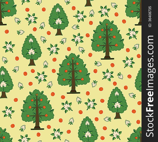 Seamless kids pattern with apple trees and flowers