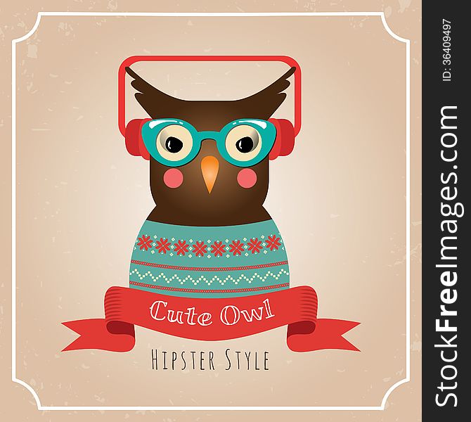 Vector Illustration of Hipster Owl, Greeting Card Design