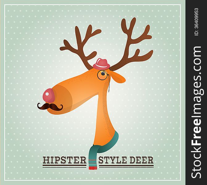 Vector Illustration Hipster Reindeer, Greeting Card Design Template, Background