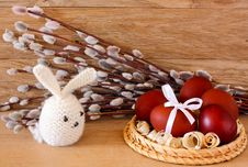 Easter Eggs And Rabbit On Catkins Background Stock Photos