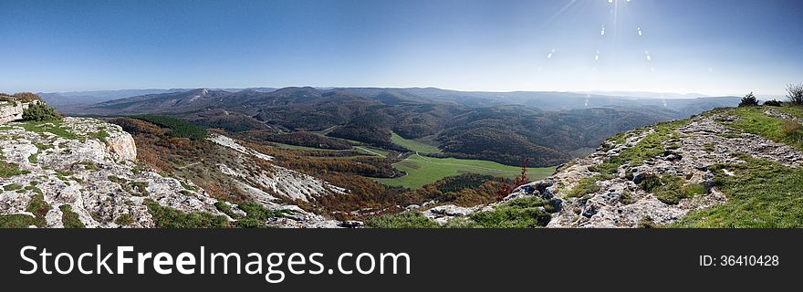 Panorama of a mountain plateau Mangup Kale. Ukraine, the Crimean peninsula