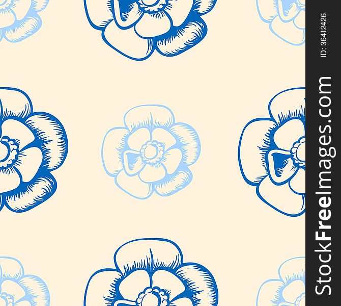 Vintage Seamless Pattern With Blue Flowers