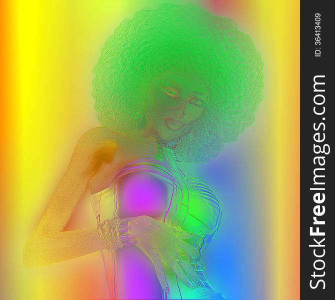 This retro image of a woman with an afro hairstyle all comes together against a metallic abstract background and effect to complete this digital art image. This retro image of a woman with an afro hairstyle all comes together against a metallic abstract background and effect to complete this digital art image.