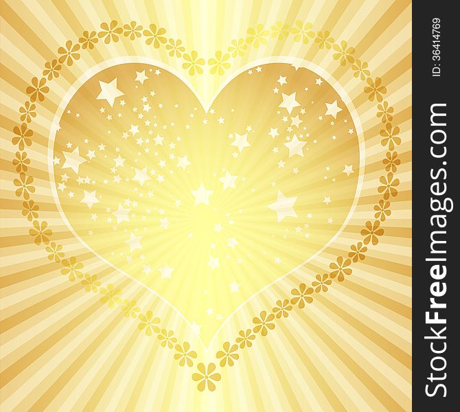 Golden valentine frame with big heart and rays (vector eps 10)
