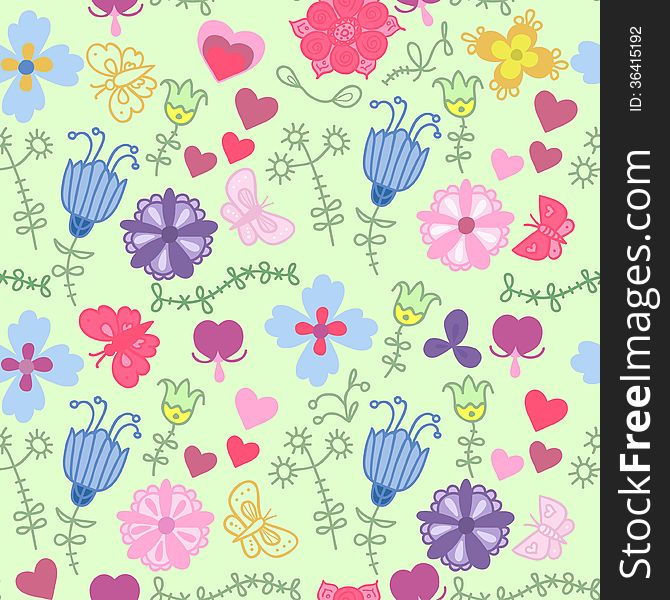 Cute Floral Seamless Pattern With Butterflies