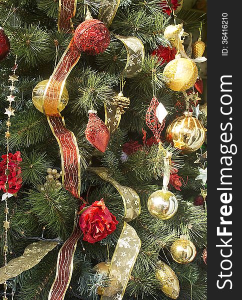 Shiny Christmas toys on New Year tree