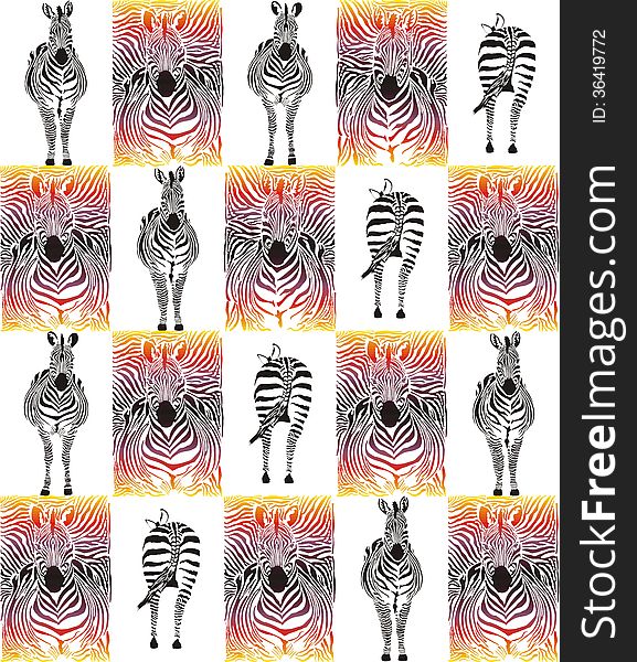 Illustration pattern background of zebras and zebra skins. Illustration pattern background of zebras and zebra skins