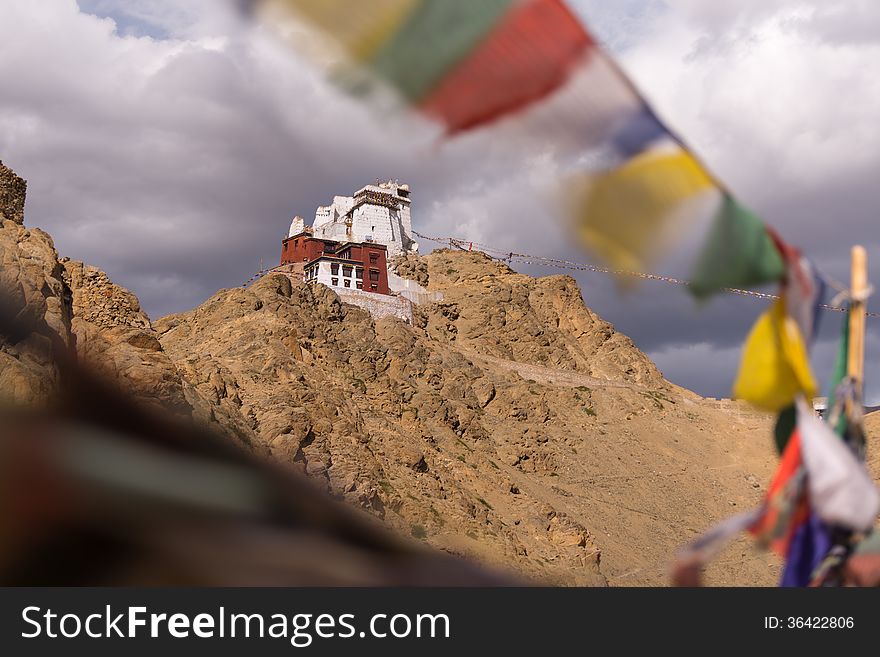 Namgyal Tsemo Gompa with swing prayer flag