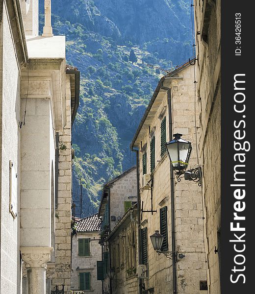 Narrow medieval street in old city of Kotor in Montenegro