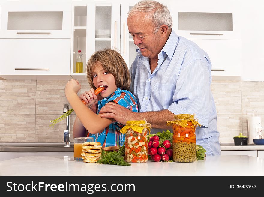 grandson and grandfather eat healthy foods-happy family