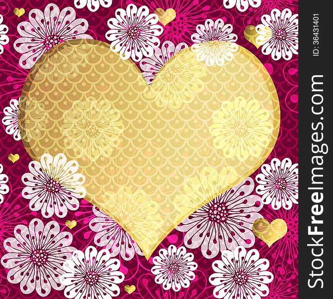 Valentine floral frame with big translucent gold heart and vintage pattern (vector eps 10)