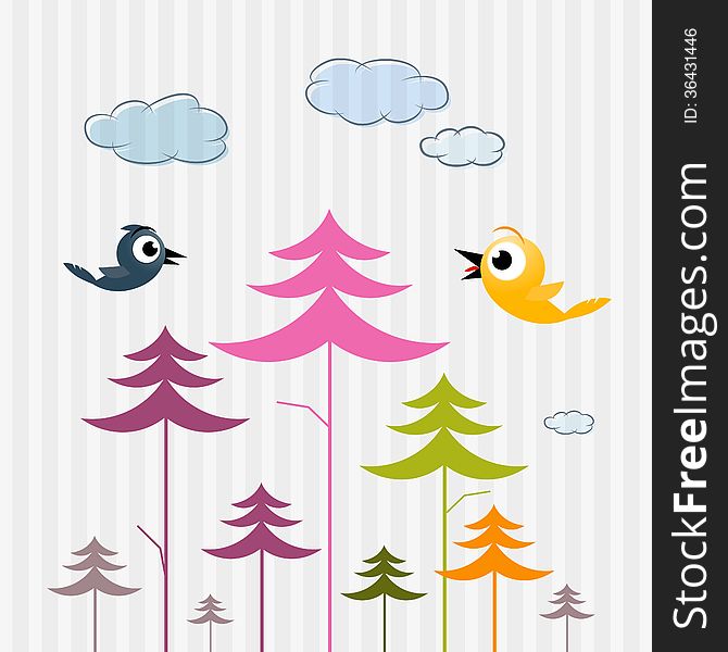 Retro Vector Paper Trees, Birds and Clouds on Cardboard Background