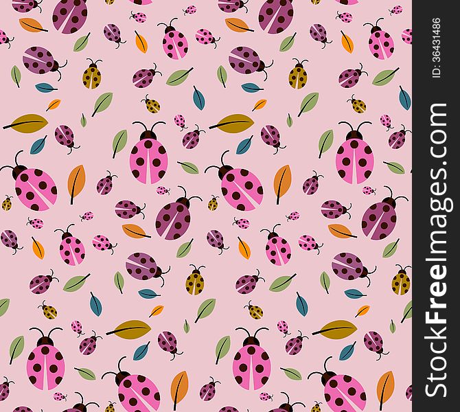 Pink Background With Ladybirds And Leaves