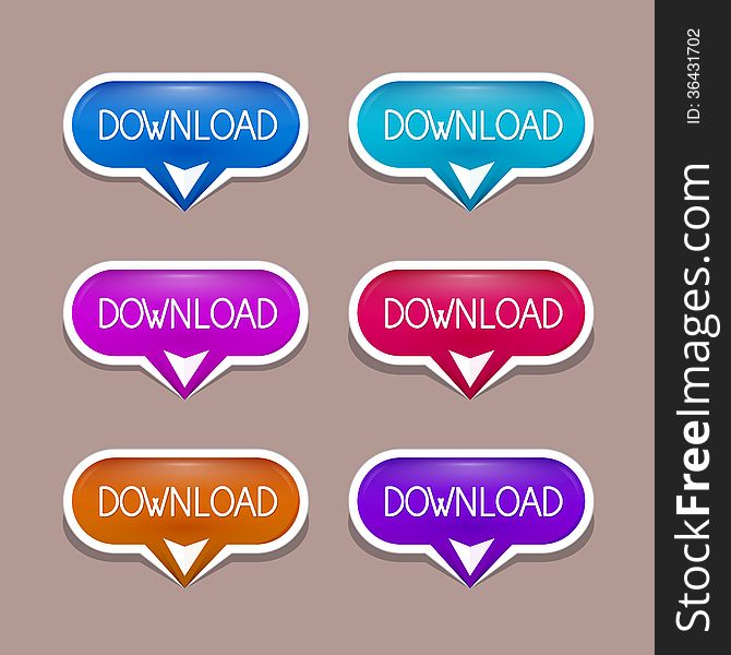 Vector Paper Download Buttons Set in Blue, Red Pink Colors