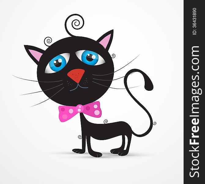 Vector Black Cat, Kitten with Blue Eyes and Pink Bow Tie Isolated on White Background. Vector Black Cat, Kitten with Blue Eyes and Pink Bow Tie Isolated on White Background