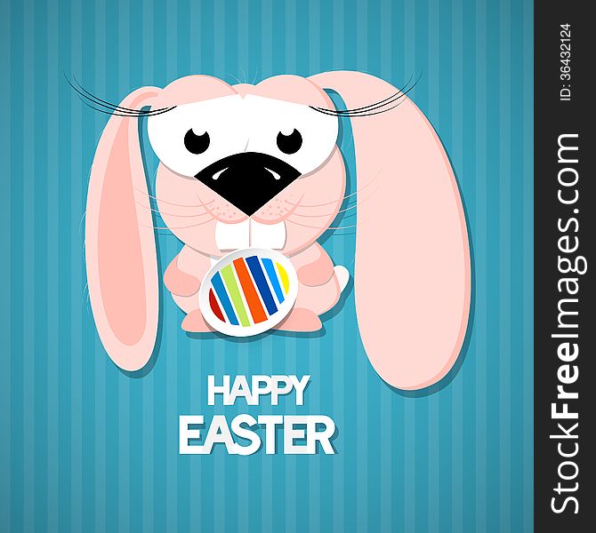 Vector Retro Easter Paper Background. Cute Pink Rabbit Holding Egg.