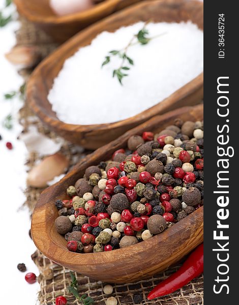 Hot pepper, sea salt and spices in bowls, close-up, vertical