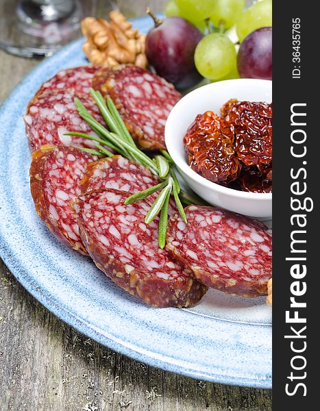 Snacks On A Plate - Sausage, Sun-dried Tomatoes, Nuts, Fruits