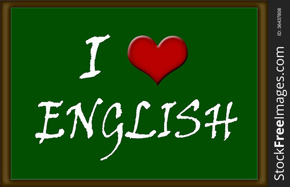 Illustration of I love English on a green board.