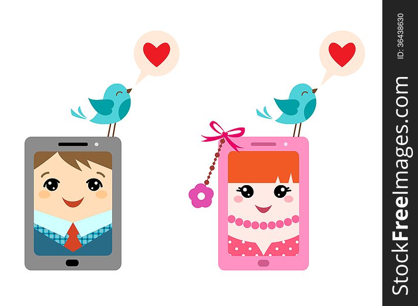 Two cute mobile phone sending a love message. Two cute mobile phone sending a love message.