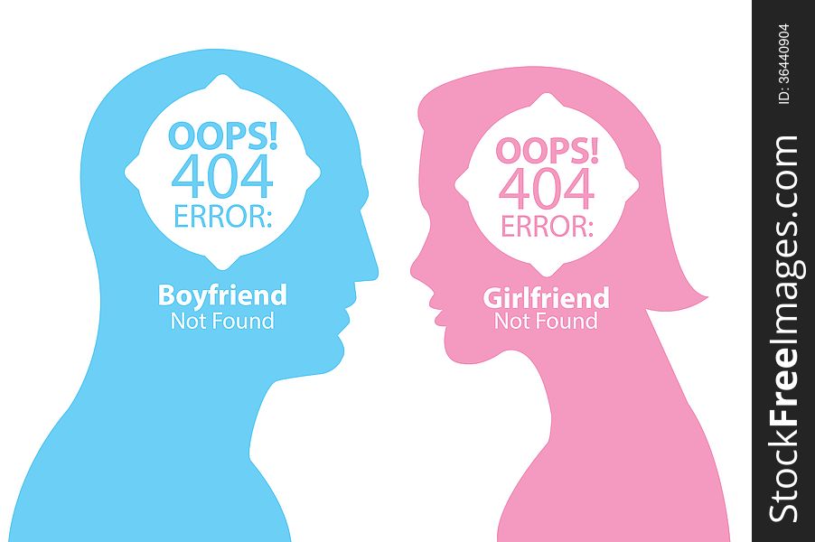 Man and woman shaped symbol with oops 404 error boyfriend and girlfriend not found