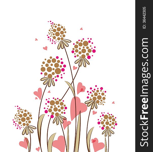 Meadow flowers with hearts on a white background
