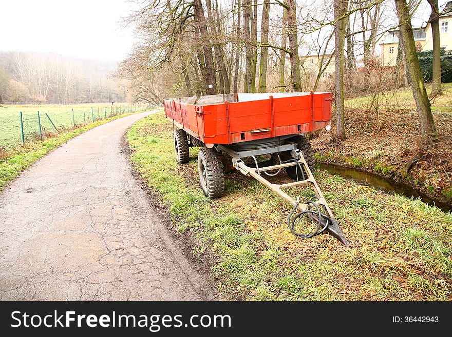 Red lorry trailer, empty trailer. Red lorry trailer, empty trailer