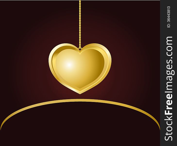 Golden heart on a chain.Dark brown background.Valentine's Day card.
