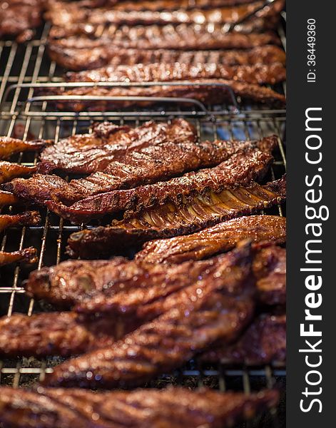 Grilled ribs bbq. Close up, shallow depth of field