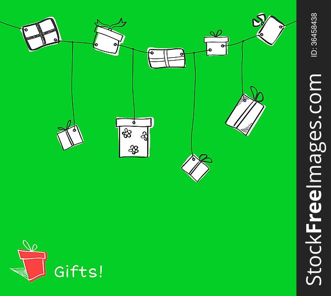 Nine white sketch hanging gift boxes on green background. Nine white sketch hanging gift boxes on green background