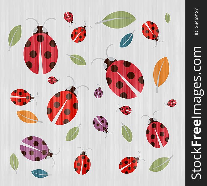 Abstract Retro Textile Background with Ladybirds and Leaves