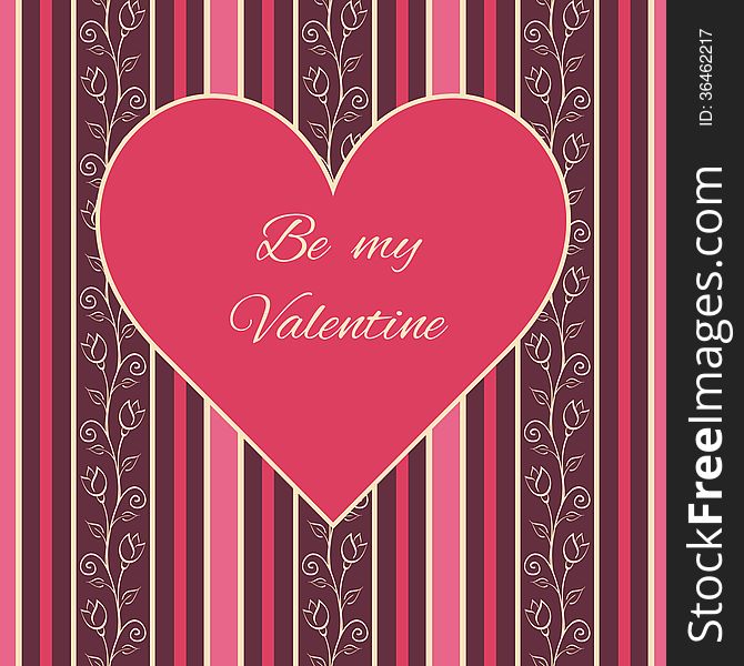 Bright pink purple Valentines day card with heart on romantic floral seamless pattern background. vector illustration.
