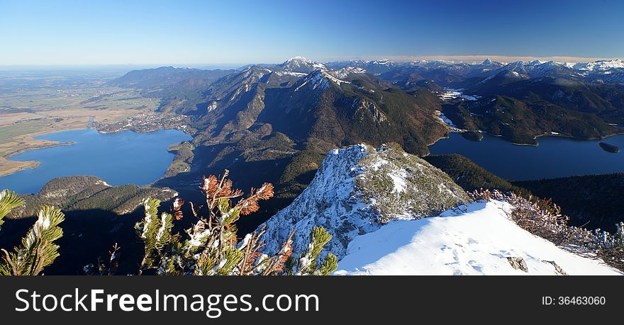 Two Bavarian lakes can be seen from Mount Herzogstand. Lake Kochel is on the left and Lake Walchen on the right. Two Bavarian lakes can be seen from Mount Herzogstand. Lake Kochel is on the left and Lake Walchen on the right.